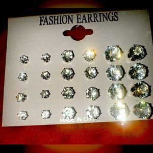 12 Pairs Of Stainless Steal Circular Cubic Zirconia Diamond Stud Earrings